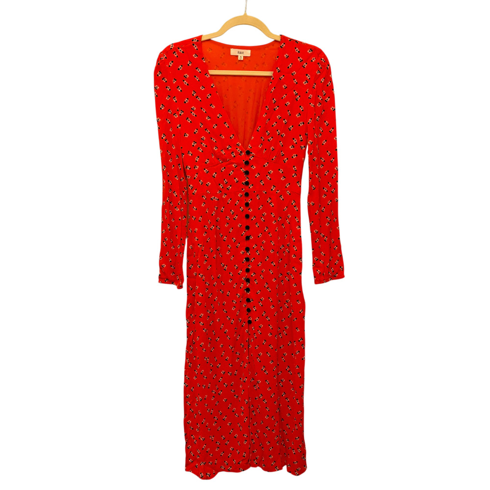 Rahi Red Button Front Midi Sun Dress with Sleeves V-Neck Floral Print Size XS